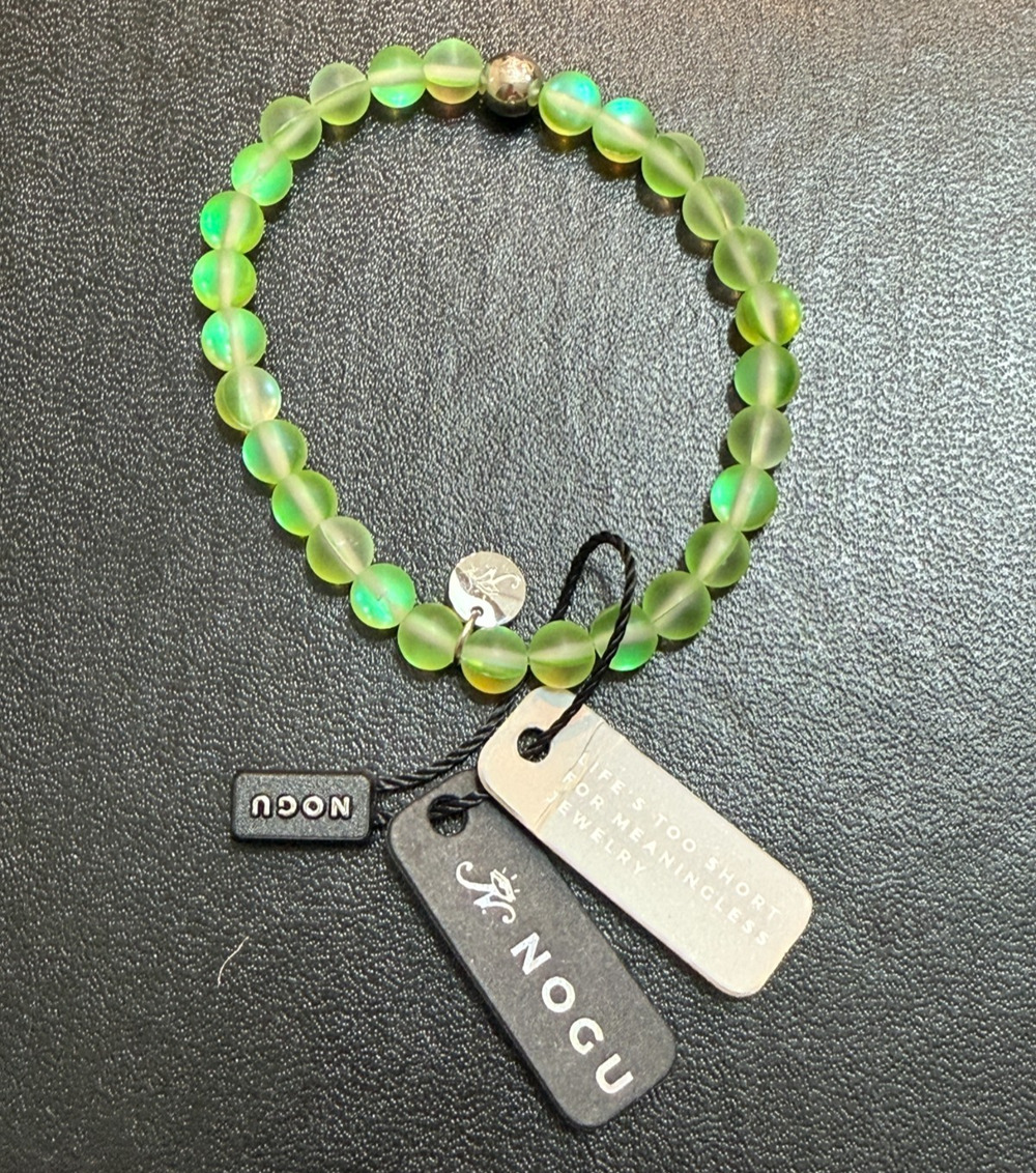 Nogu Cord Bracelet Emerald Mermaid Glass 6mm Beads NWT Silver Plated Stainless